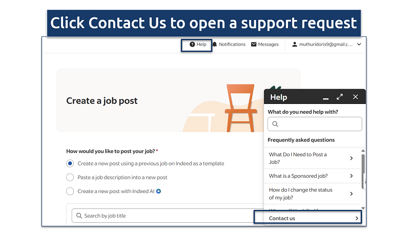 A screenshot showing how to contact customer support