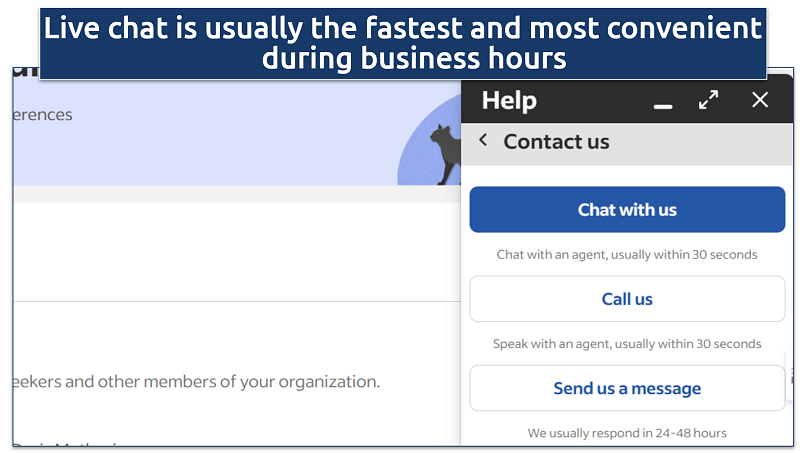 A screenshot showing the 3 options for reaching customer support