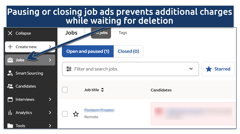 A screenshot showing how to delete job postings on employers dashboard