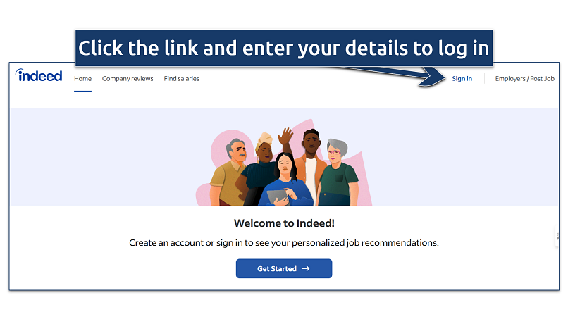 A snapshot of Indeed web sign-in page