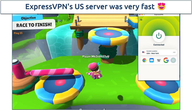 Screenshot of the Fall Guys game with the ExpressVPN app in the background