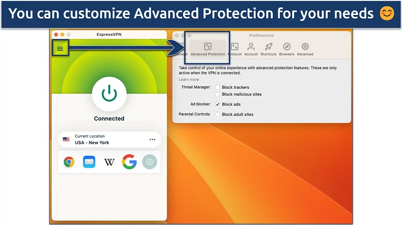 Screenshot of the Advanced Protection settings in the ExpressVPN app