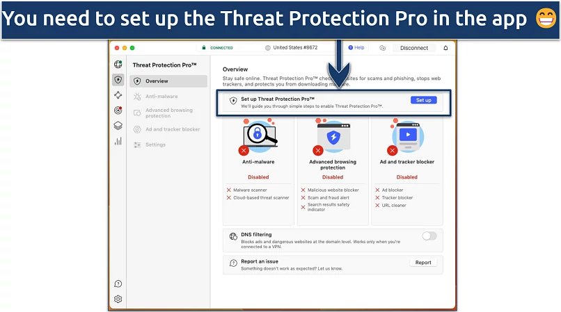 Screenshot of the Threat Protection Pro settings in the NordVPN app