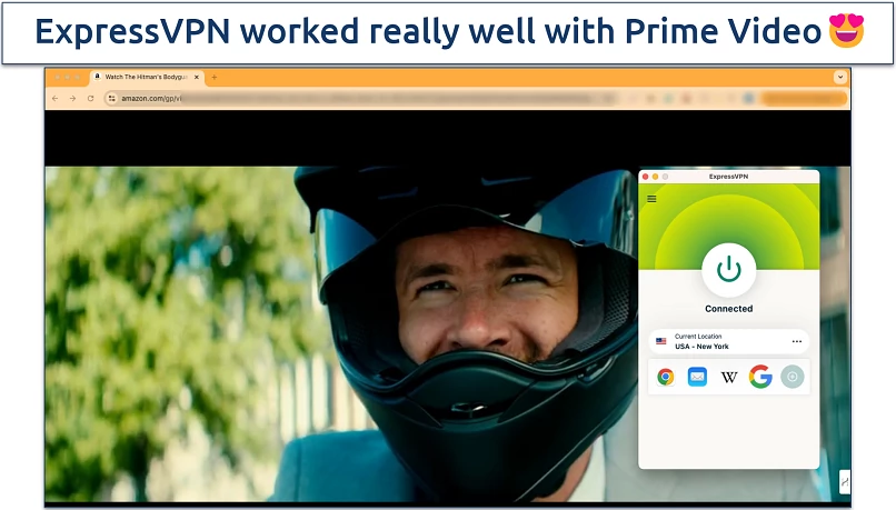 Screenshot of Prime Video streaming with the ExpressVPN app in the background