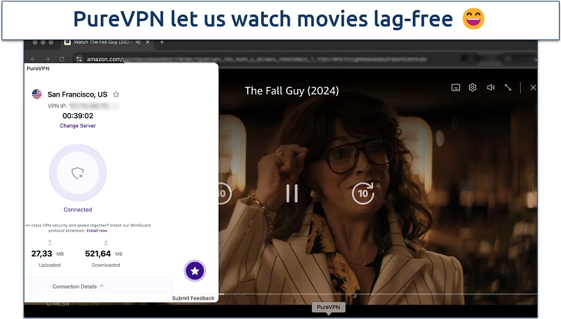 Screenshot of Amazon Prime Video streaming with the PureVPN app in the background