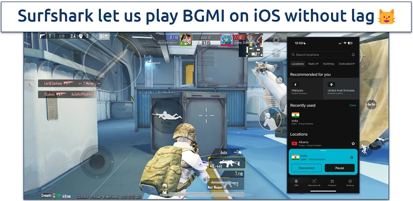 Screenshot of BGMI mobile game being played on iOS with Surfshark VPN connected to India server