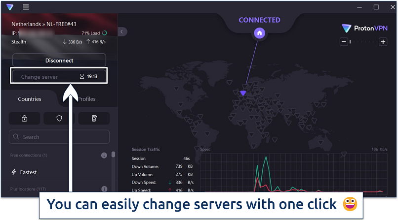 Screenshot of the ProtonVPN app with Change server option highlighted
