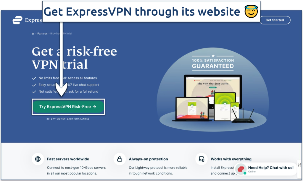 Screenshot of ExpressVPN’s risk-free trial page