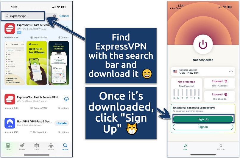 Screenshot showing how to download ExpressVPN on iOS