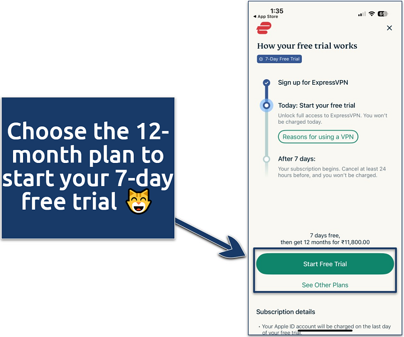 Screenshot explaining how ExpressVPN’s free trial works