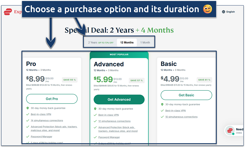 Screenshots showing how to purchase an ExpressVPN plan