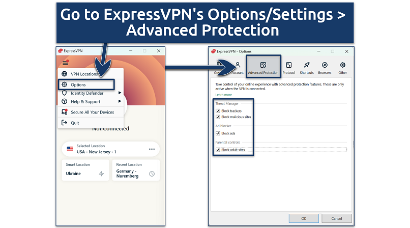 A screenshot showing ExpressVPN's Advanced Protection
