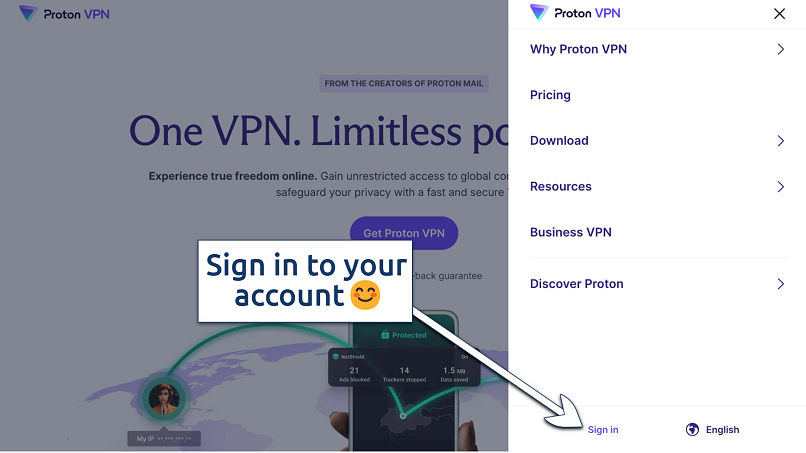 Screenshot showing Proton VPN's home page