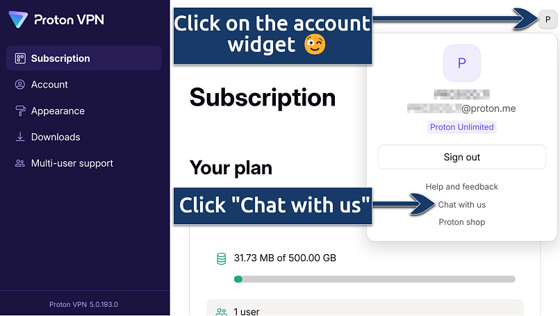 Screenshot showing how to reach live chat with Proton VPN