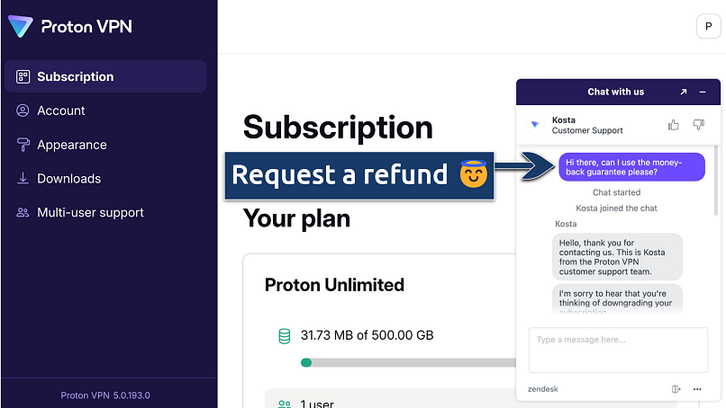 Screenshot showing a live chat with Proton VPN