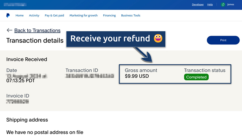 Screenshot showing a PayPal refund for Proton VPN