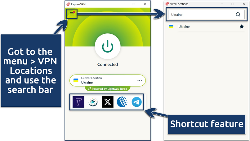 ExpressVPN Windows app screenshots showing Ukrainian servers, an active Ukraine connection, and the shortcut feature.
