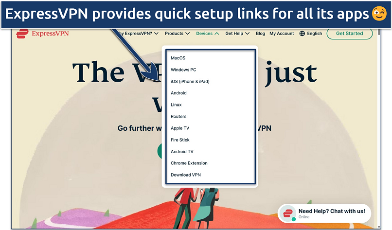Screenshot from the ExpressVPN homepage, featuring the dropdown menu that lists apps and supported devices