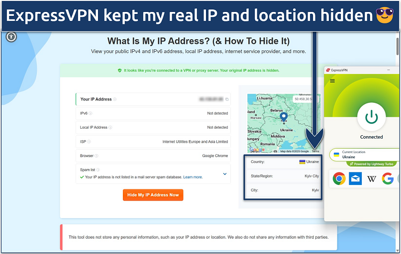 Screenshot of the results of an online IP test showing an IP address and location from Ukraine while connected to ExpressVPN’s Ukraine server