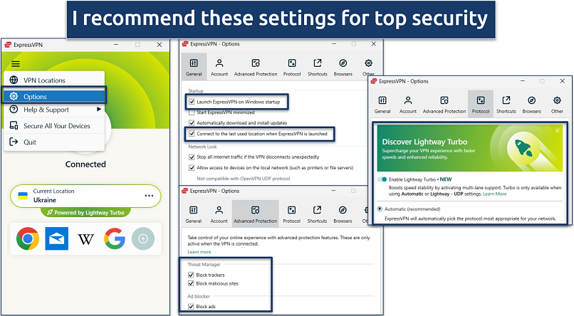 Screenshots of the ExpressVPN Windows app with its various settings pages and recommended settings highlighted