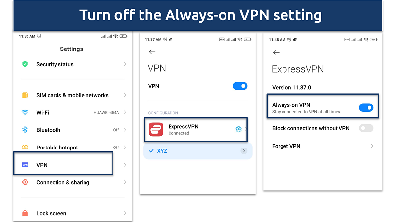 A screenshot showing how to turn off the Always-on VPN setting on Android