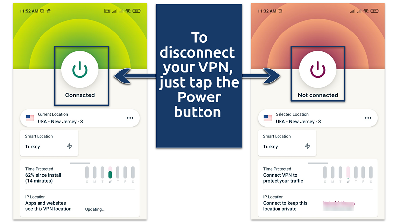 Screenshots of the ExpressVPN app being connected and disconnected