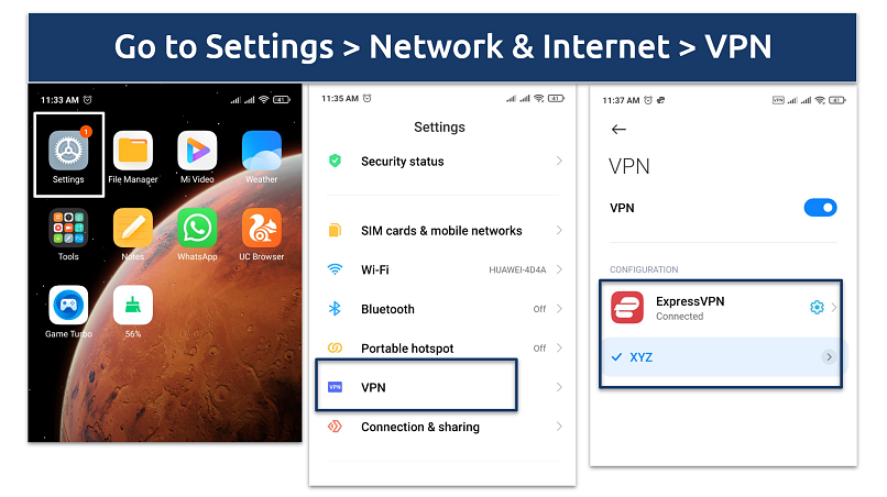 Screenshot showing how to access the list of installed VPNs on Android