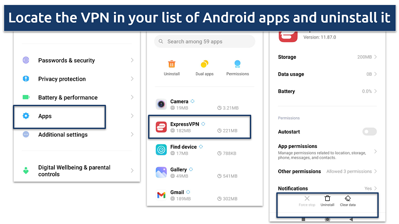 A screenshot showing VPN uninstallation on an Android phone