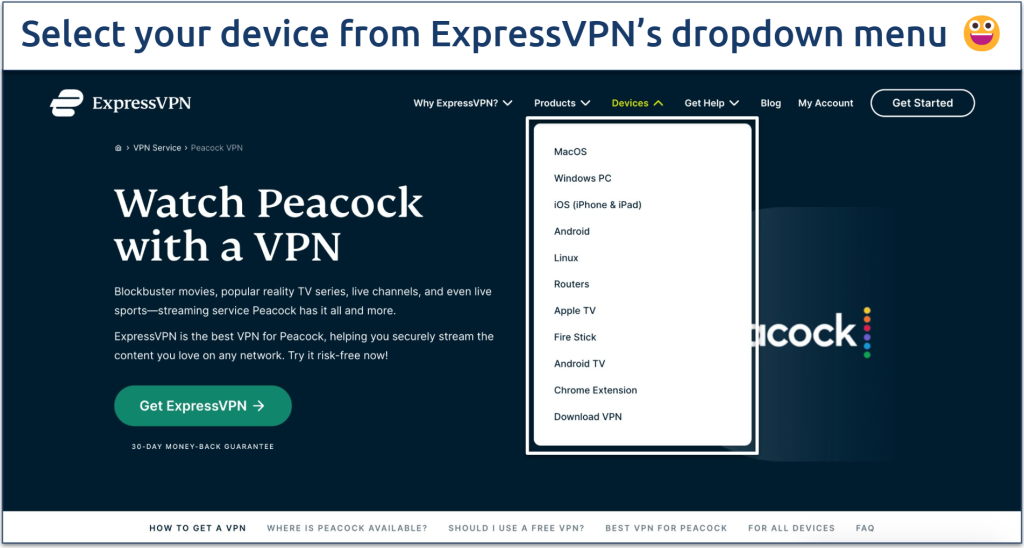 Screenshot of device menu selection on ExpressVPN website