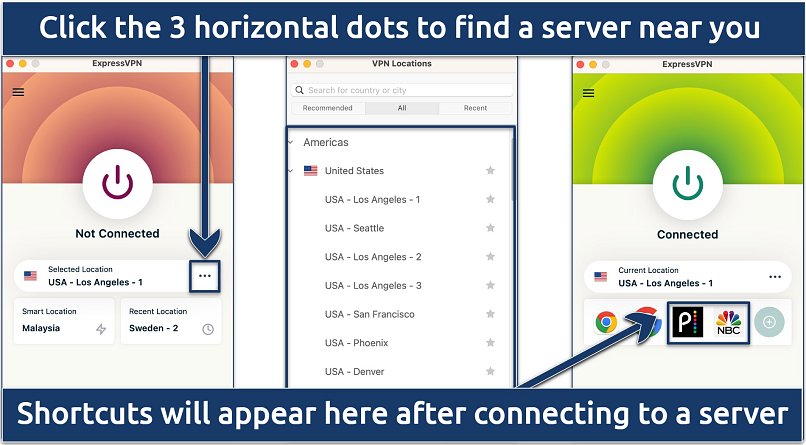 Screenshot of the process to connect to an ExpressVPN server