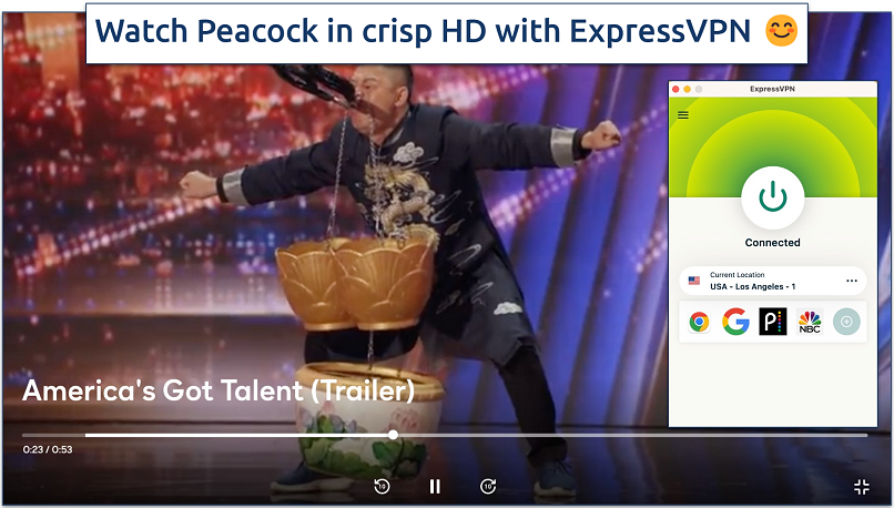 Screenshot of AGT trailer on Peacock TV while connected to ExpressVPN’s US server
