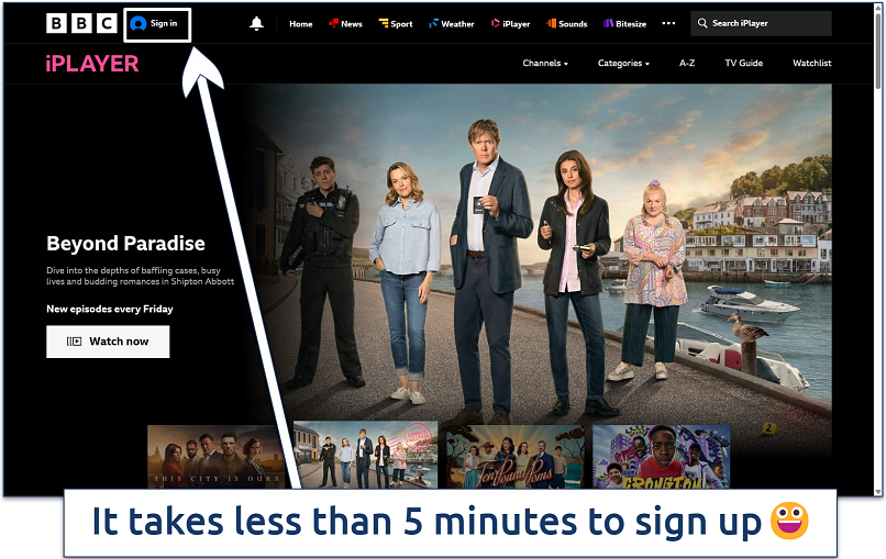 Screenshot of the BBC iPlayer website homepage with the