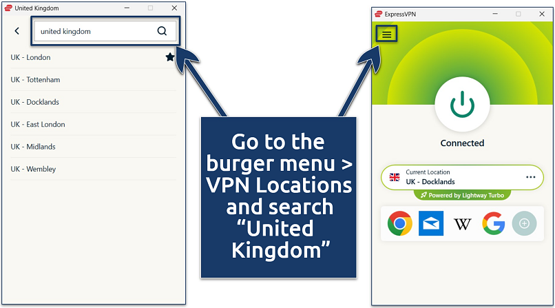Screenshot of the ExpressVPN Windows app with the United Kingdom server locations and an active UK - Docklands connection