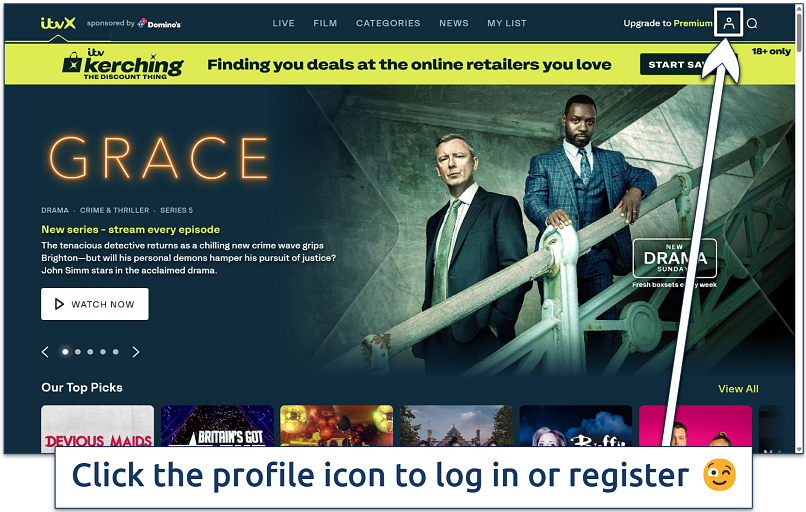 Screenshot of the ITVX website homepage with the sign in option highlighted