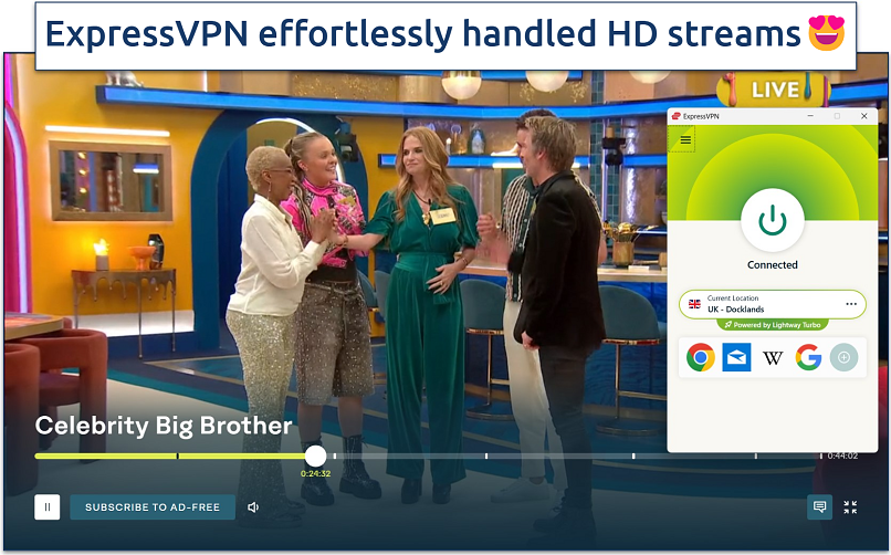 Screenshot of streaming Celebrity Big Brother UK on ITVX while connected to the ExpressVPN Docklands server