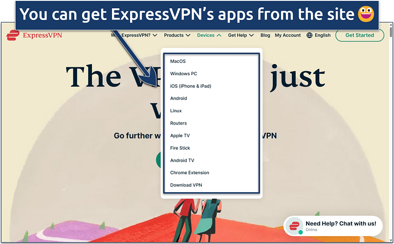 Screenshot of the ExpressVPN website homepage with the list of officially supported devices