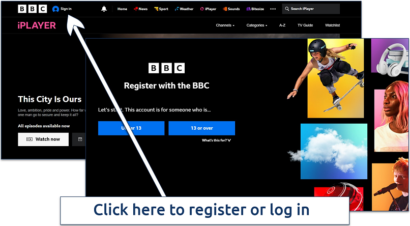 Screenshot of BBC iPlayer’s homepage and registration page