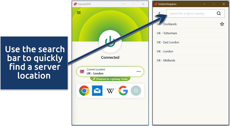 Screenshot of ExpressVPN’s Windows app connected to a UK server using the Lightway Turbo protocol