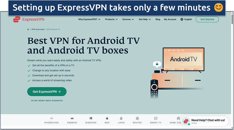 Screenshot of ExpressVPN’s website with Android TV and Android TV box installation links and instructions