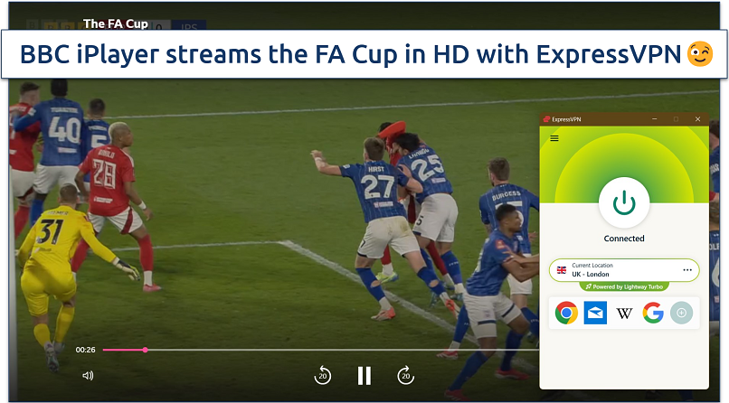 Streaming the FA Cup on BBC iPlayer with ExpressVPN connected to the UK