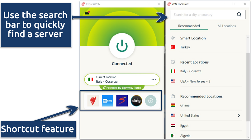 Screenshots showing how to find servers in ExpressVPN on Windows, with a peek at the shortcut feature.