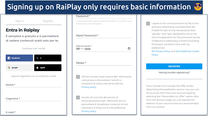 Screenshot showing the details needed to sign up on RaiPlay