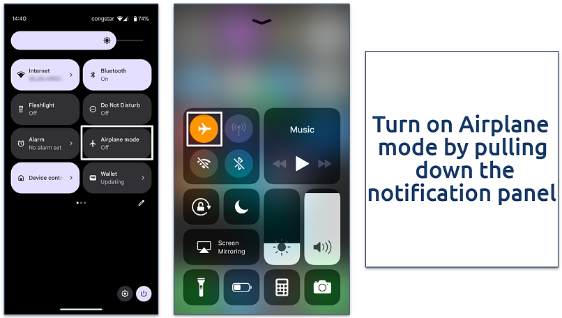 Screenshot of Airplane mode on Android and iOS
