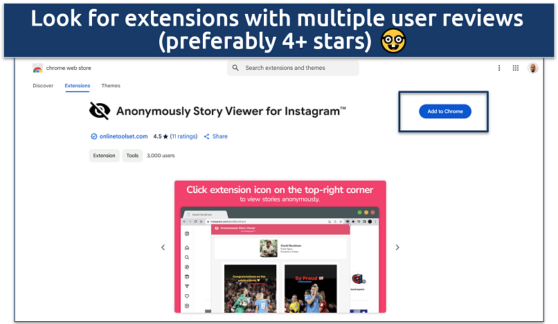 Screenshot of the Anonymously Story Viewer for Instagram browser extension