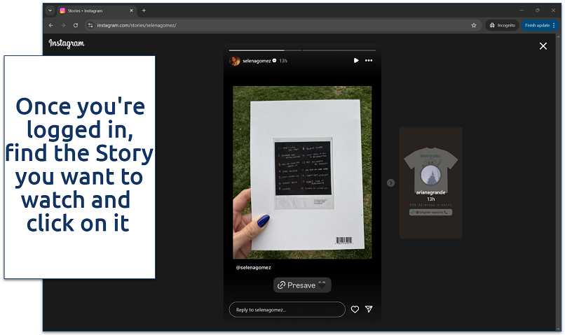 Screenshot of viewing Instagram Stories using the Incognito mode