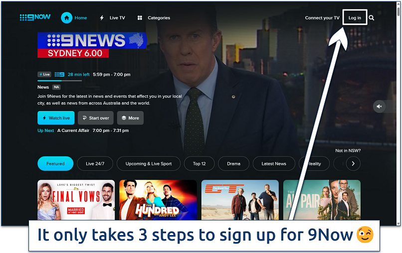 Screenshot of the 9Now website home page with the