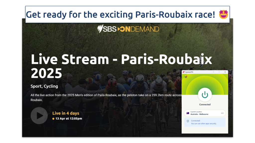 Screenshot showing Paris-Roubaix 2025 on SBS on Demand
