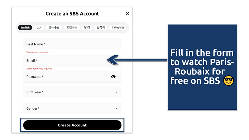 Screenshot showing the SBS registration process