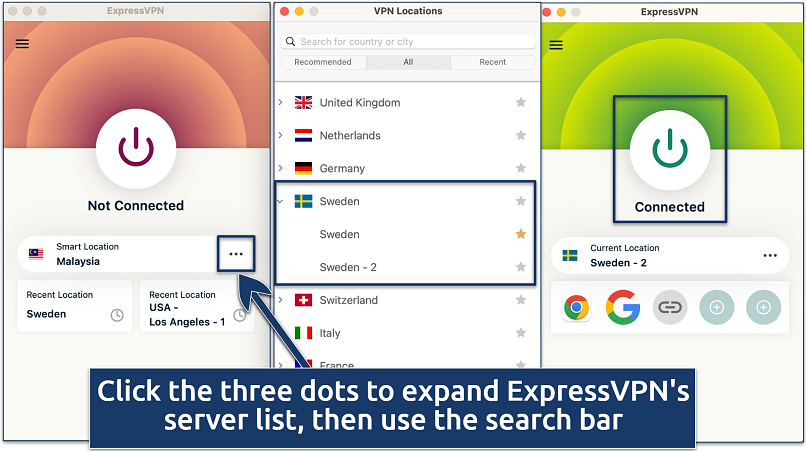 Screenshot demonstrating how to navigate ExpressVPN app and connect to a server in Sweden.