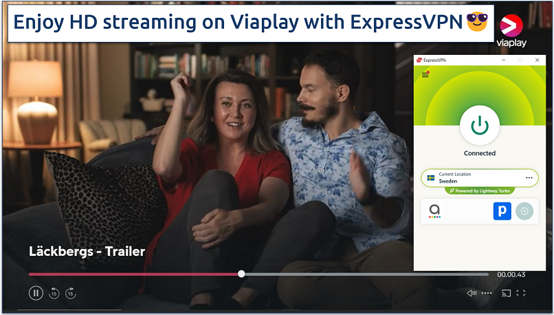 Streaming Lackbergs trailer on ViaPlay with ExpressVPN connected to Sweden server